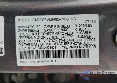 2018 Honda Accord Ex z USA, uszkodzony, nr VIN 1HGCV1F40JA203501